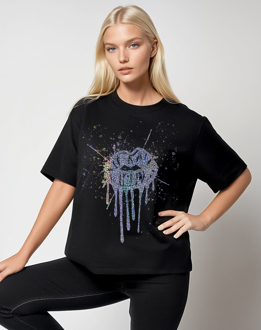 Silver Glitter Lip Drip Splat Print Tshirt In Black