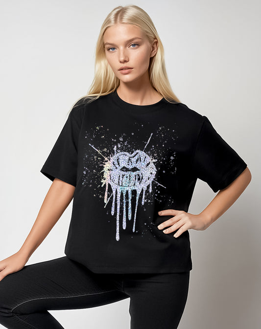 Silver Glitter Lip Drip Splat Print Tshirt In Black