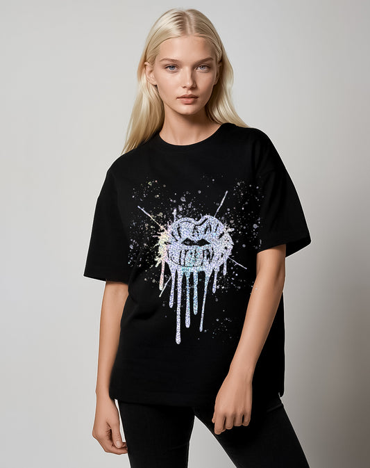 Silver Glitter Lip Drip Splat Print Tshirt In Black