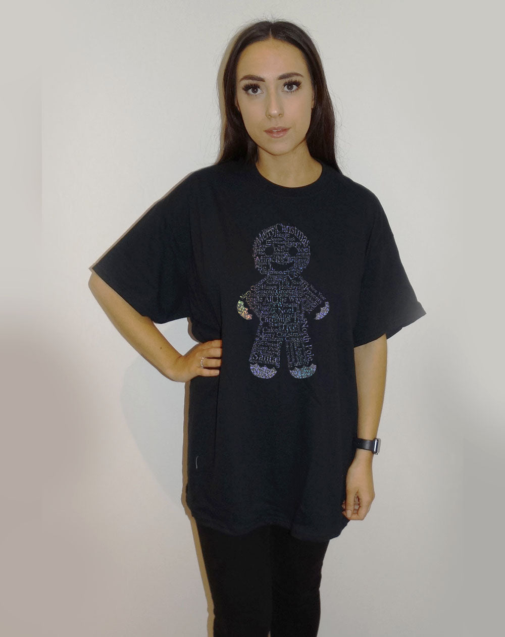 Black Christmas Tshirt With Gingerbread Man Festive Font Print