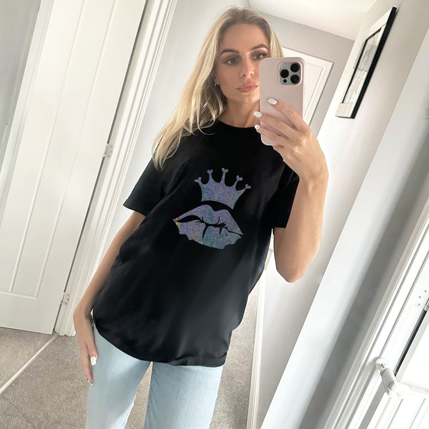 Black T-shirt With Silver Iridescent Royal Lip Print