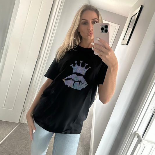 Black T-shirt With Silver Iridescent Royal Lip Print