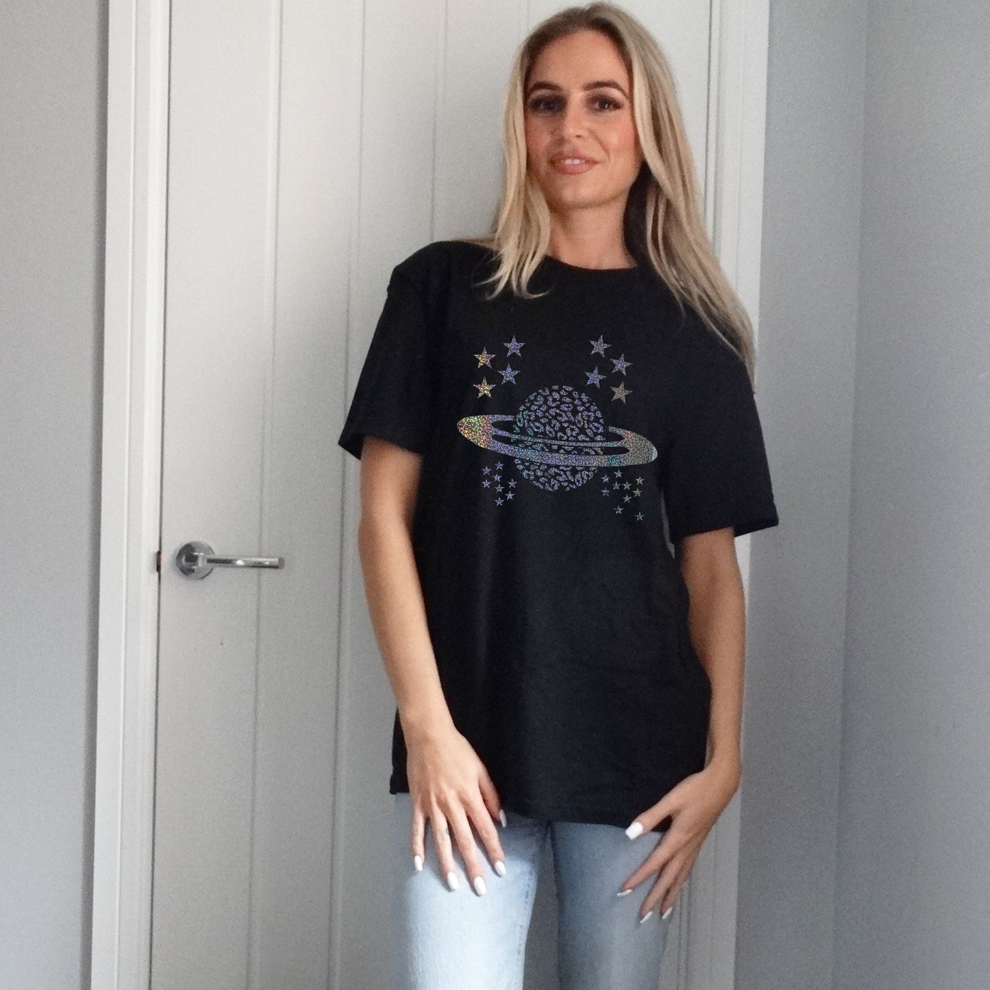 Black Tee With Silver Celestial Glitter Print