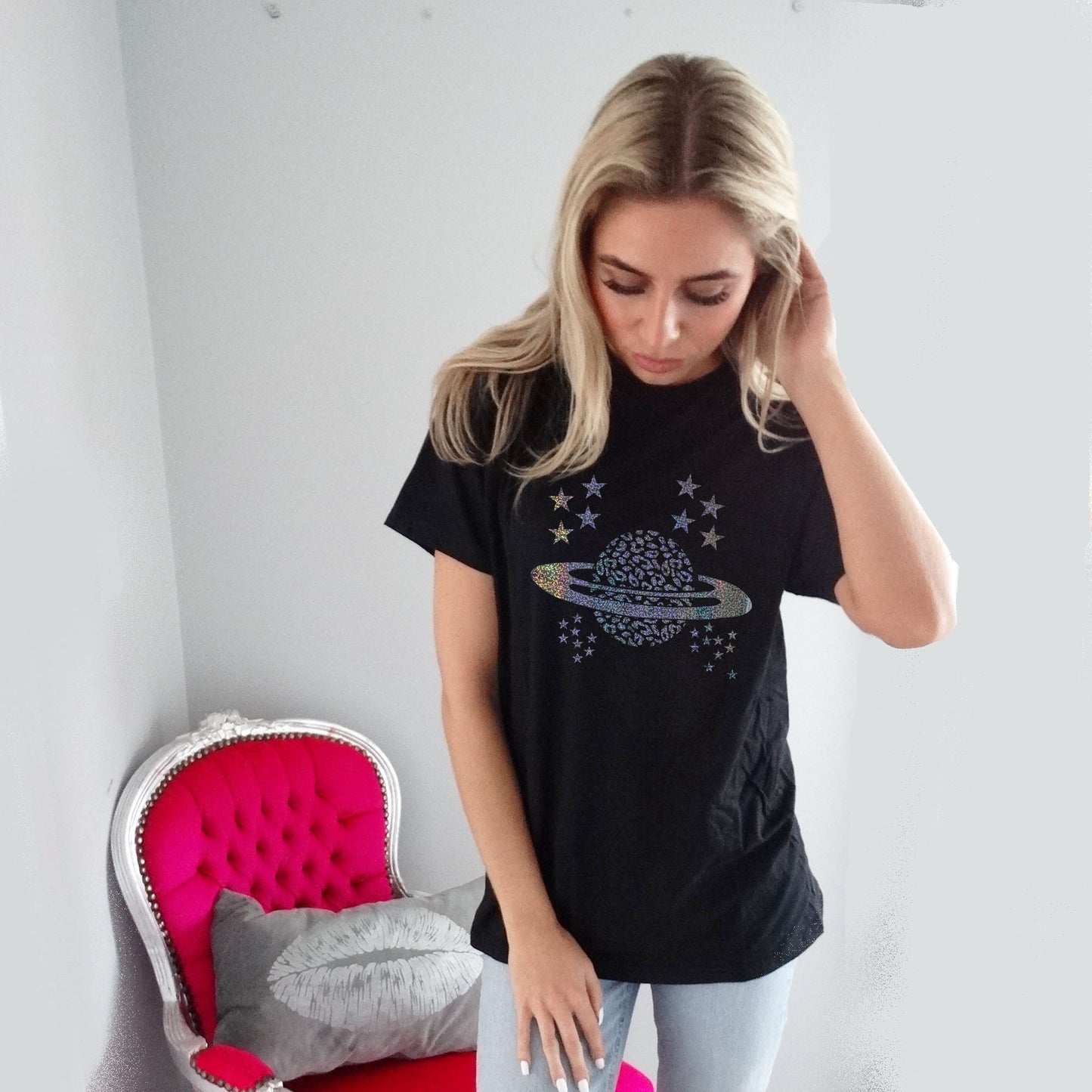 Black Tee With Silver Celestial Glitter Print