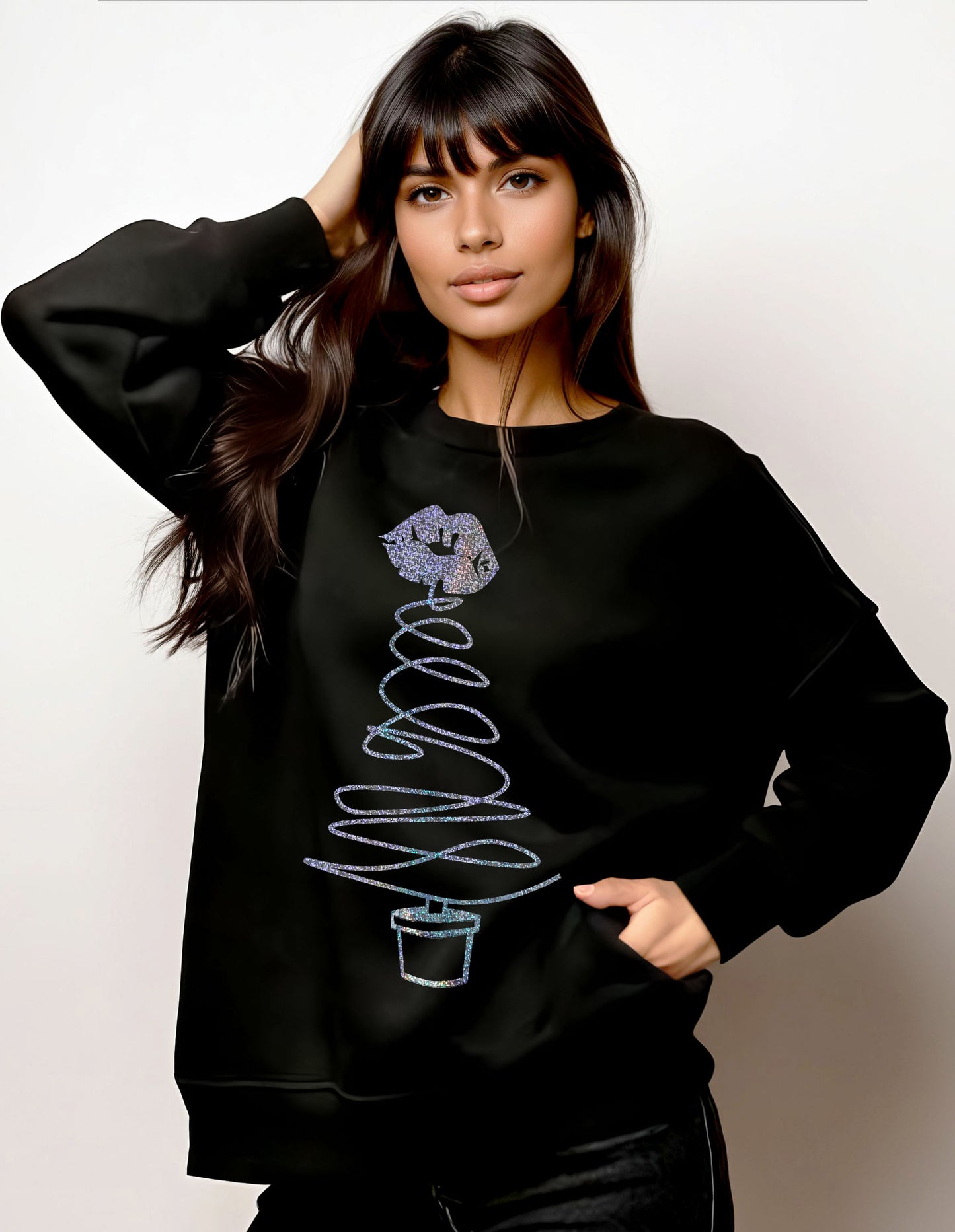 Black Christmas Jumper With Sparkle Lip Christmas Tree Swirl Print