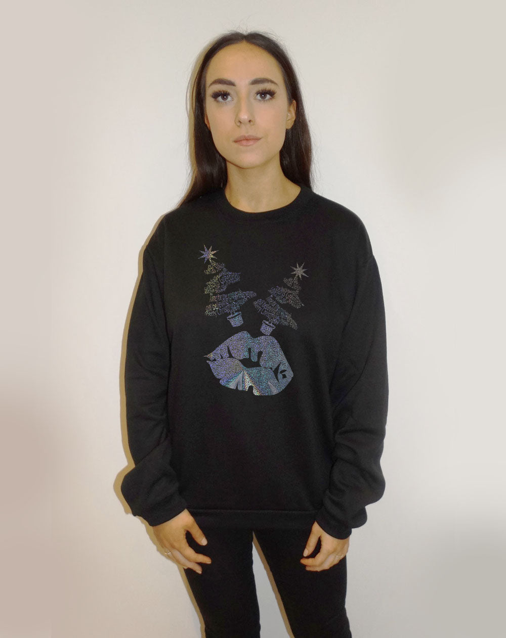 Black Sweater With Festive Christmas Tree Font Lip Print