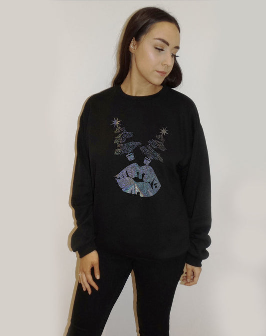 Black Sweater With Festive Christmas Tree Font Lip Print