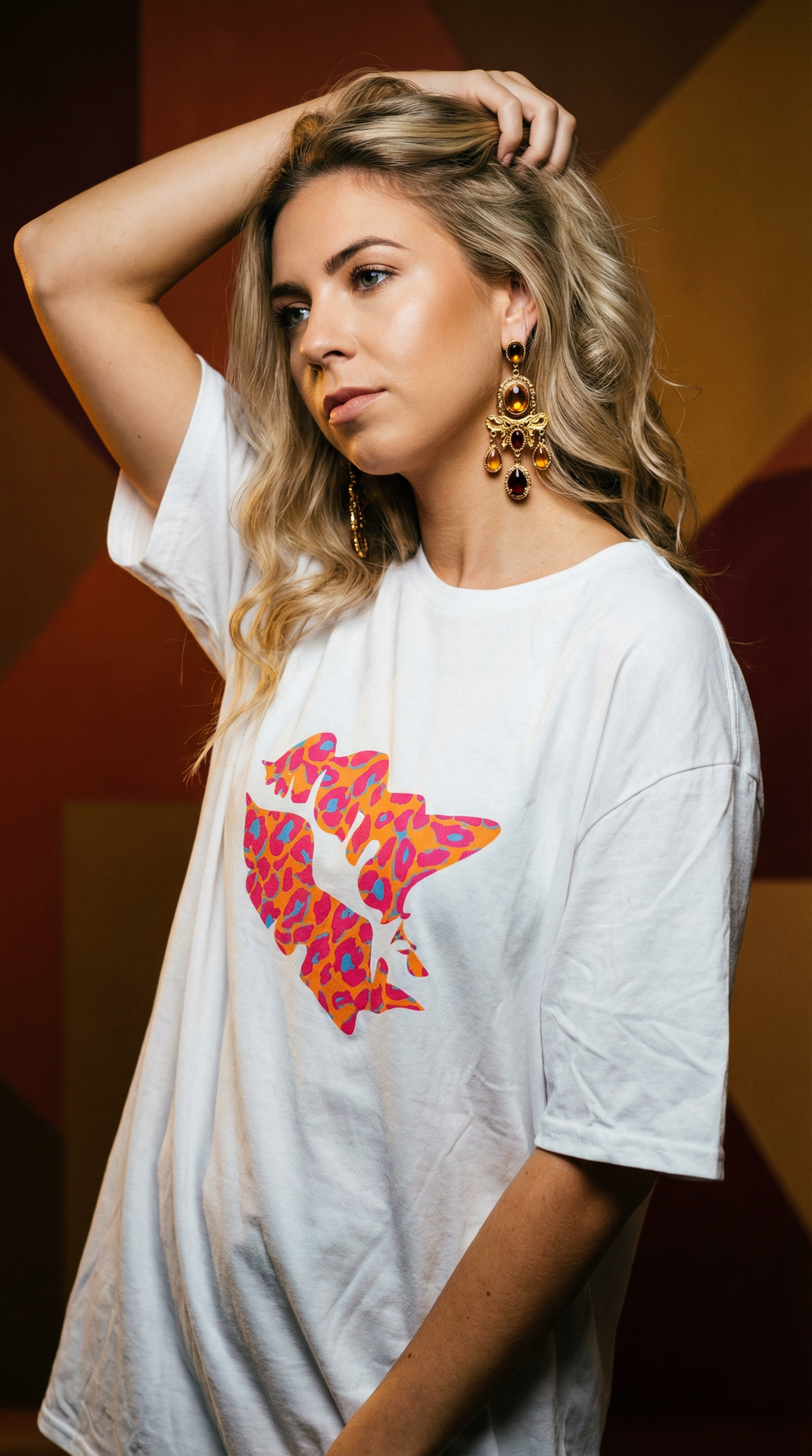 White Oversized T Shirt Dress With Orange Leopard Kiss Smudge Motif