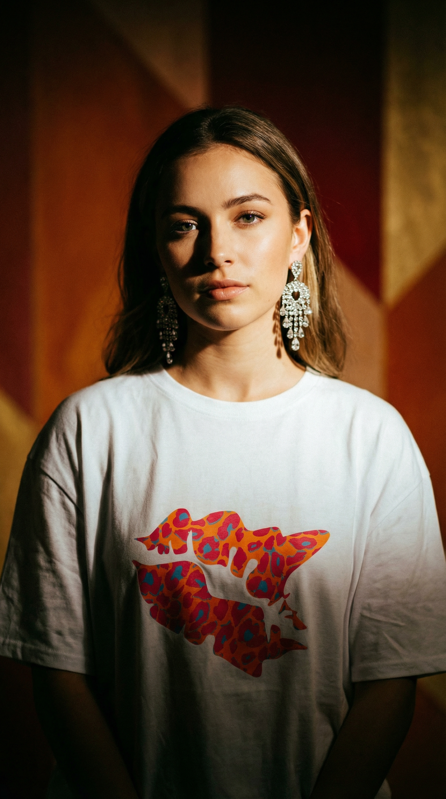 White Oversized T Shirt Dress With Orange Leopard Kiss Smudge Motif