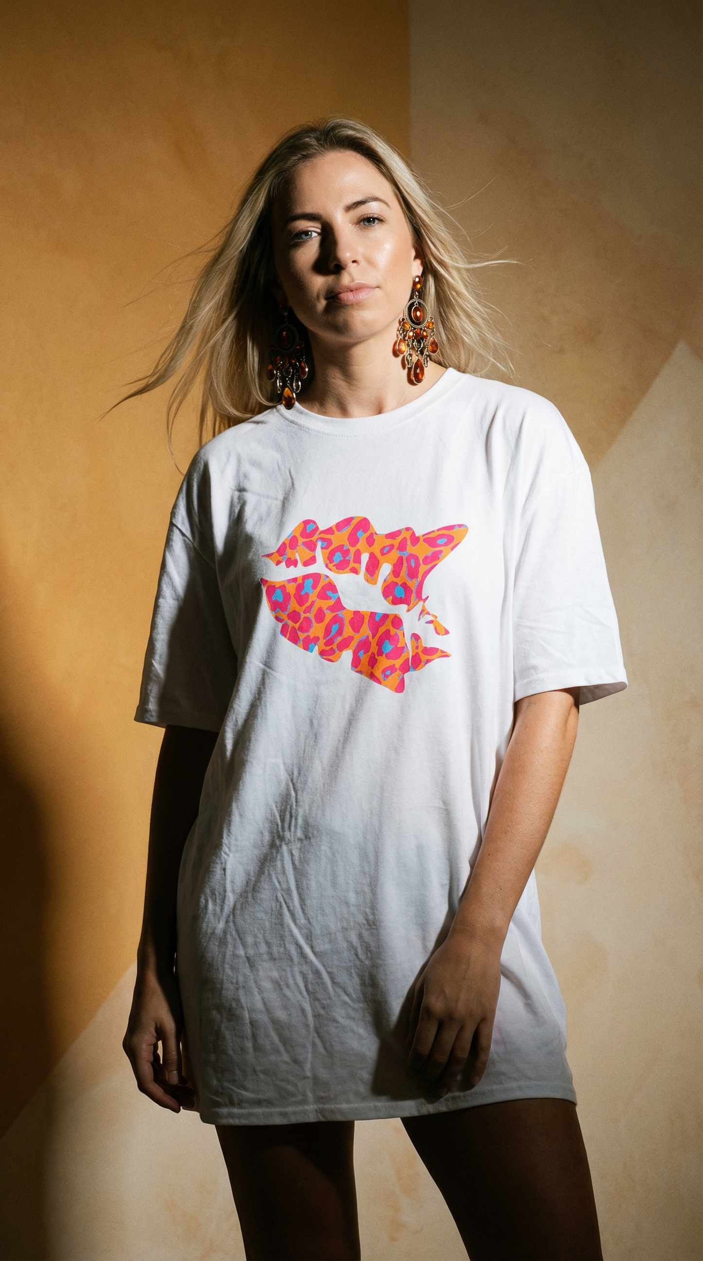 White Oversized T Shirt Dress With Orange Leopard Kiss Smudge Motif