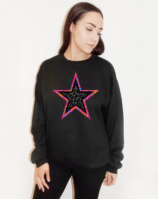 Black And Pink Leopard Star Sweatshirt In Black