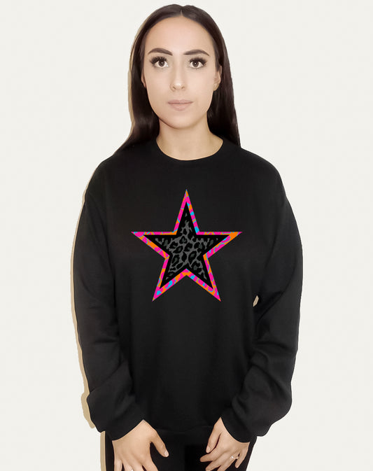 Black And Pink Leopard Star Sweatshirt In Black