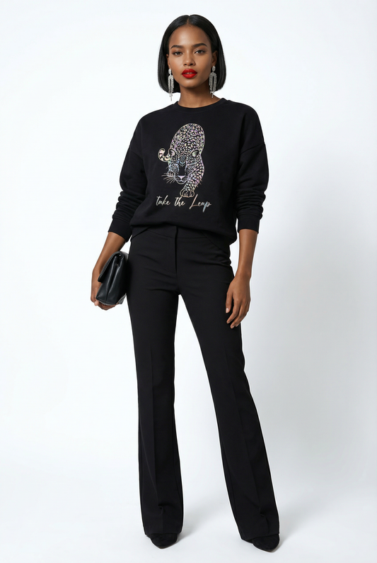 Gold Take the Leap Leopard jumper  in Black