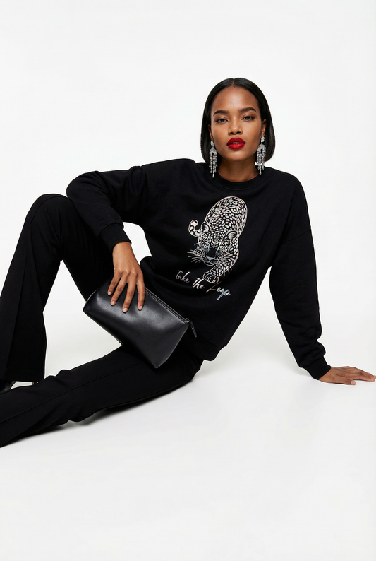 Gold Take the Leap Leopard jumper  in Black