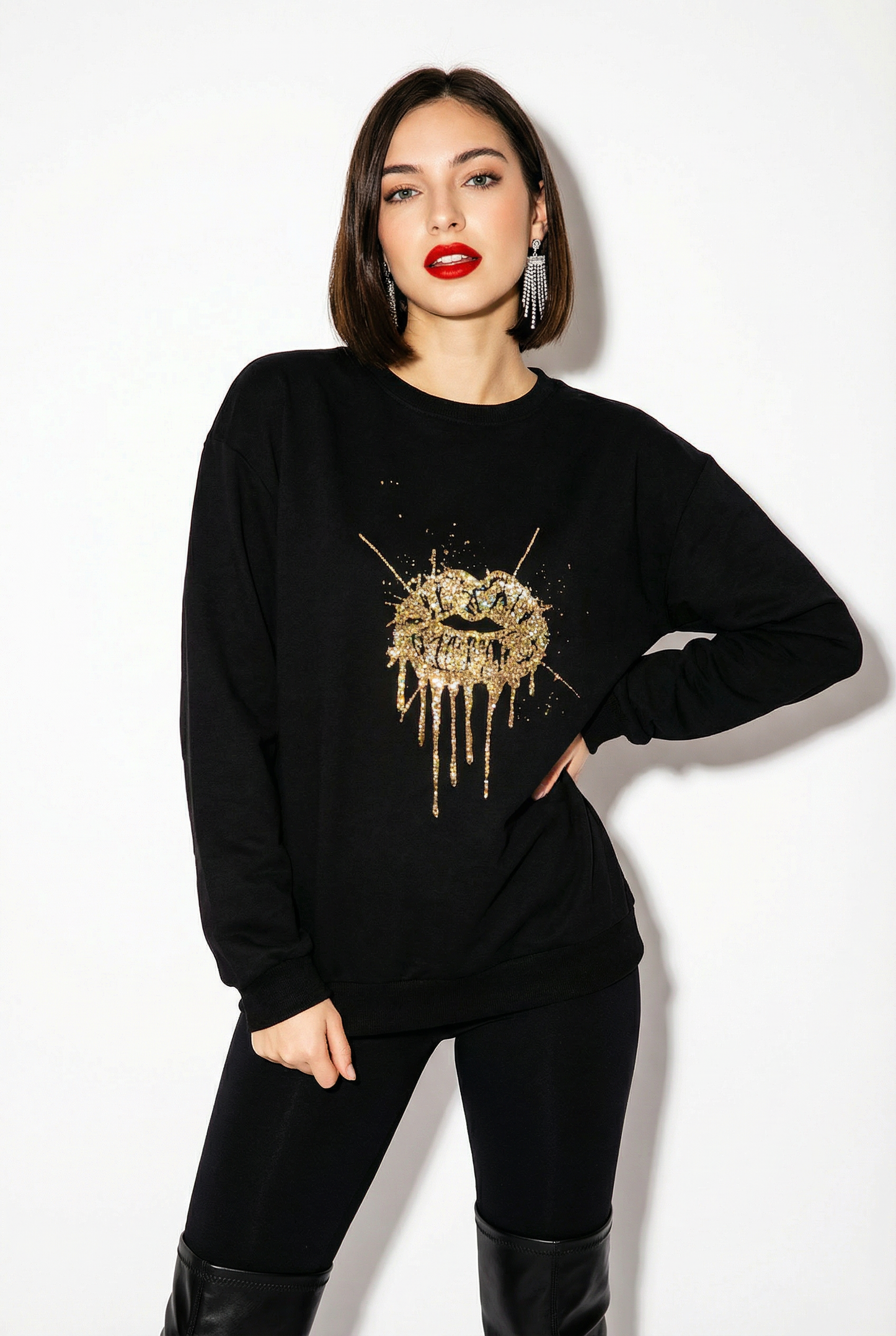 Gold Drip Splat Lip Print Jumper In Black