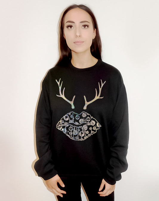 Festive Bauble and Blitzen Kiss Black Christmas Sweater