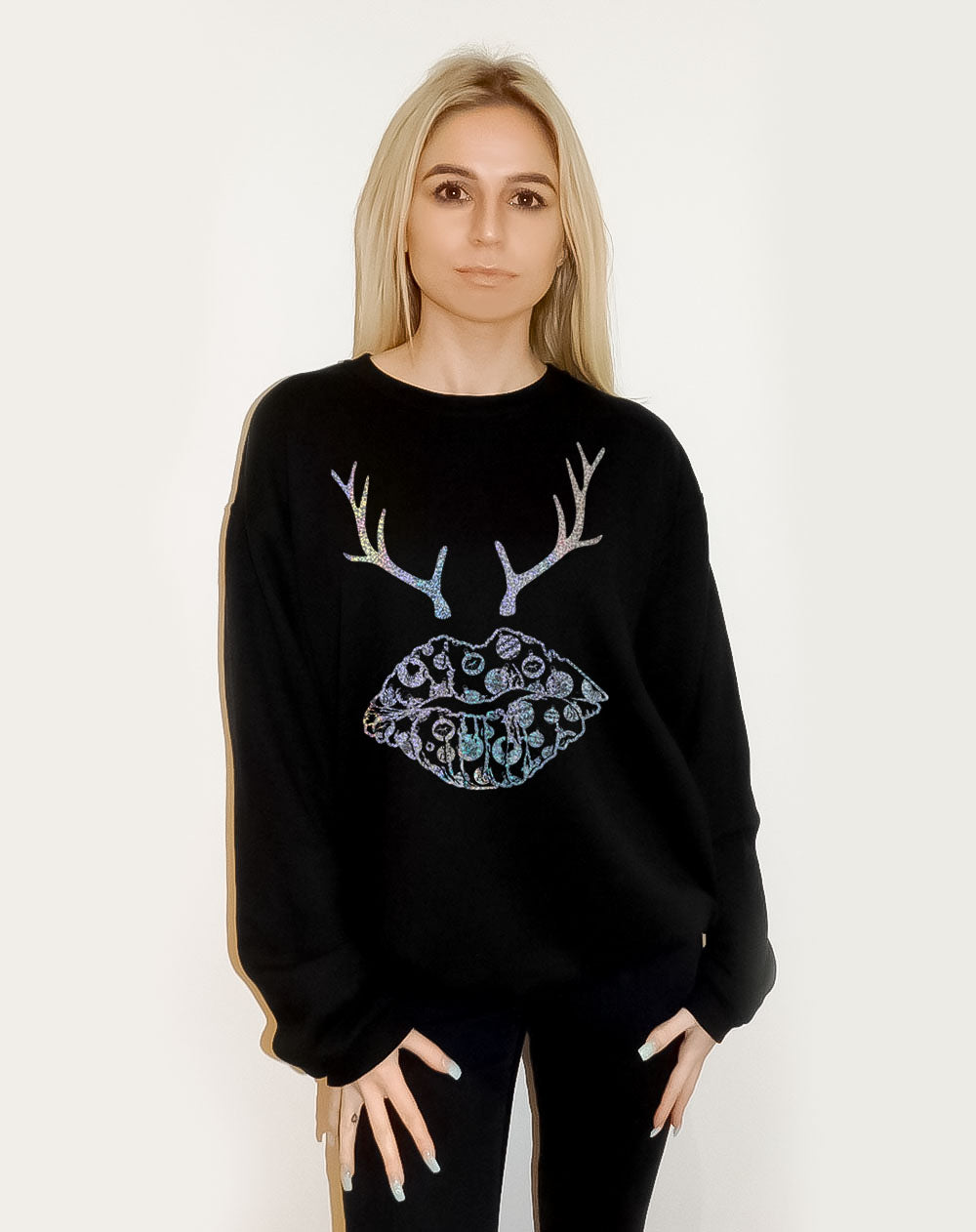 Festive Bauble and Blitzen Kiss Black Christmas Sweater