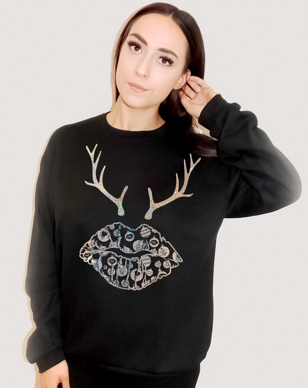 Festive Bauble and Blitzen Kiss Black Christmas Sweater