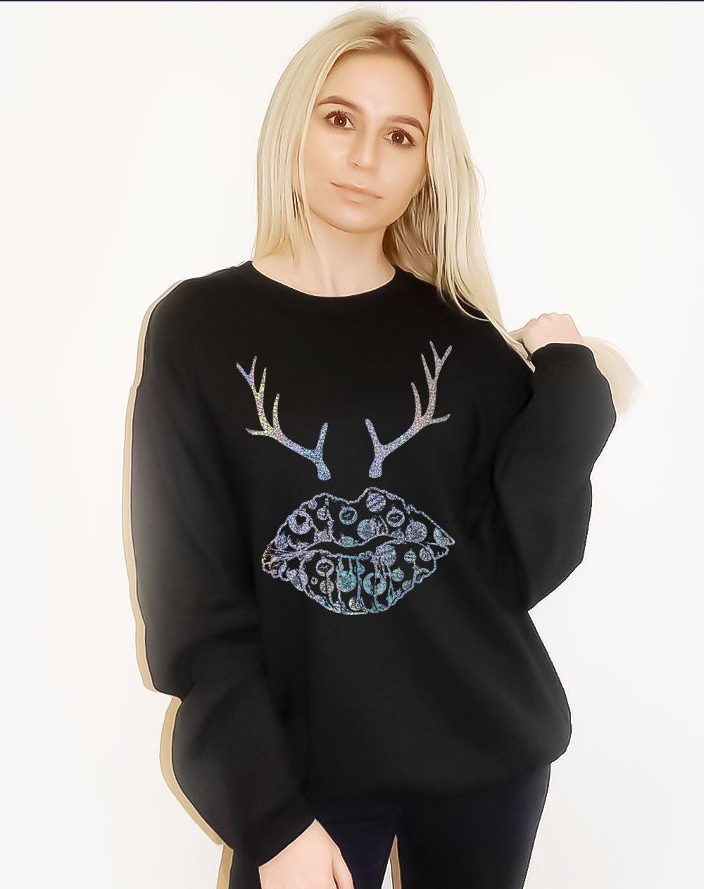 Festive Bauble and Blitzen Kiss Black Christmas Sweater