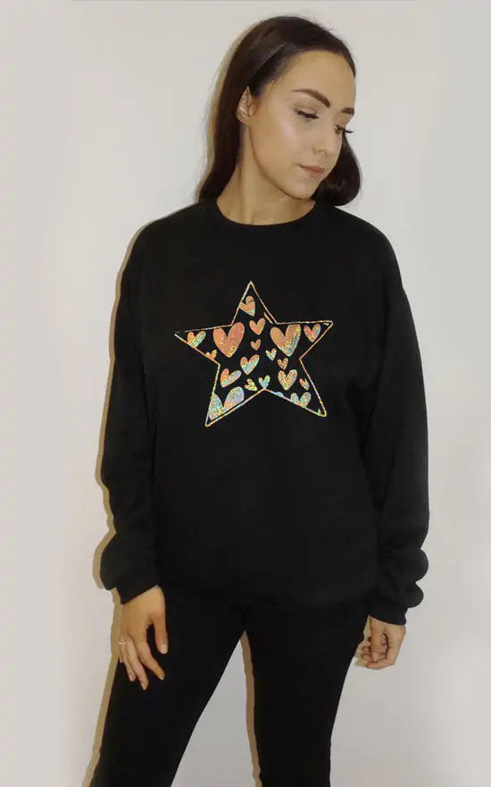 Gold Foil Heart Star Print Oversized Jumper In Black