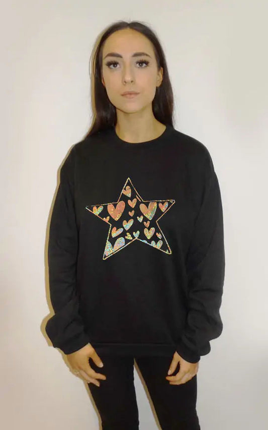 Gold Foil Heart Star Print Oversized Jumper In Black