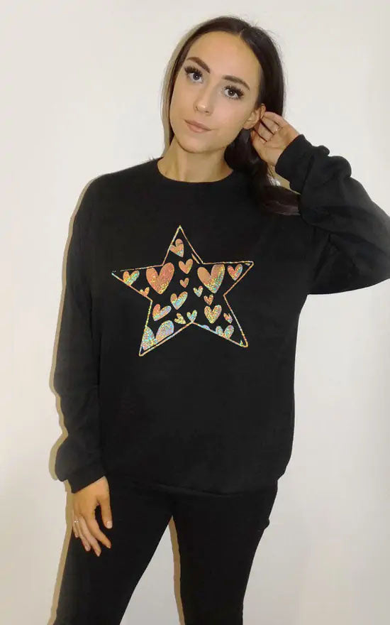 Gold Foil Heart Star Print Oversized Jumper In Black