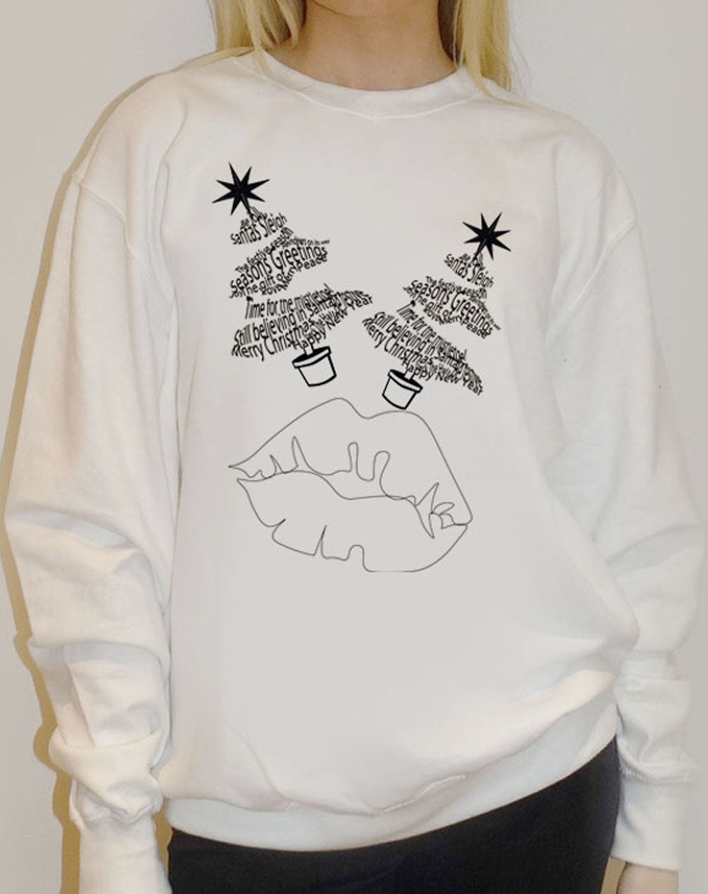 White Christmas Jumper With Black Leopard Tree Graphic Lip Print