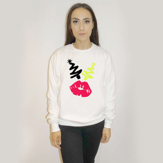 White Christmas Jumper With Multi Tree Graphic Lip Print