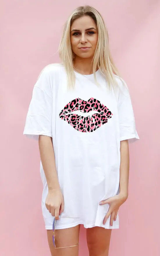 Pink And Rose Lip Motif Oversize Tshirt Top In White