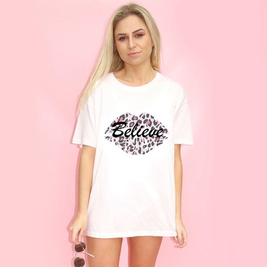 Believe Pink Leopard Lip Motif Print Tshirt In White