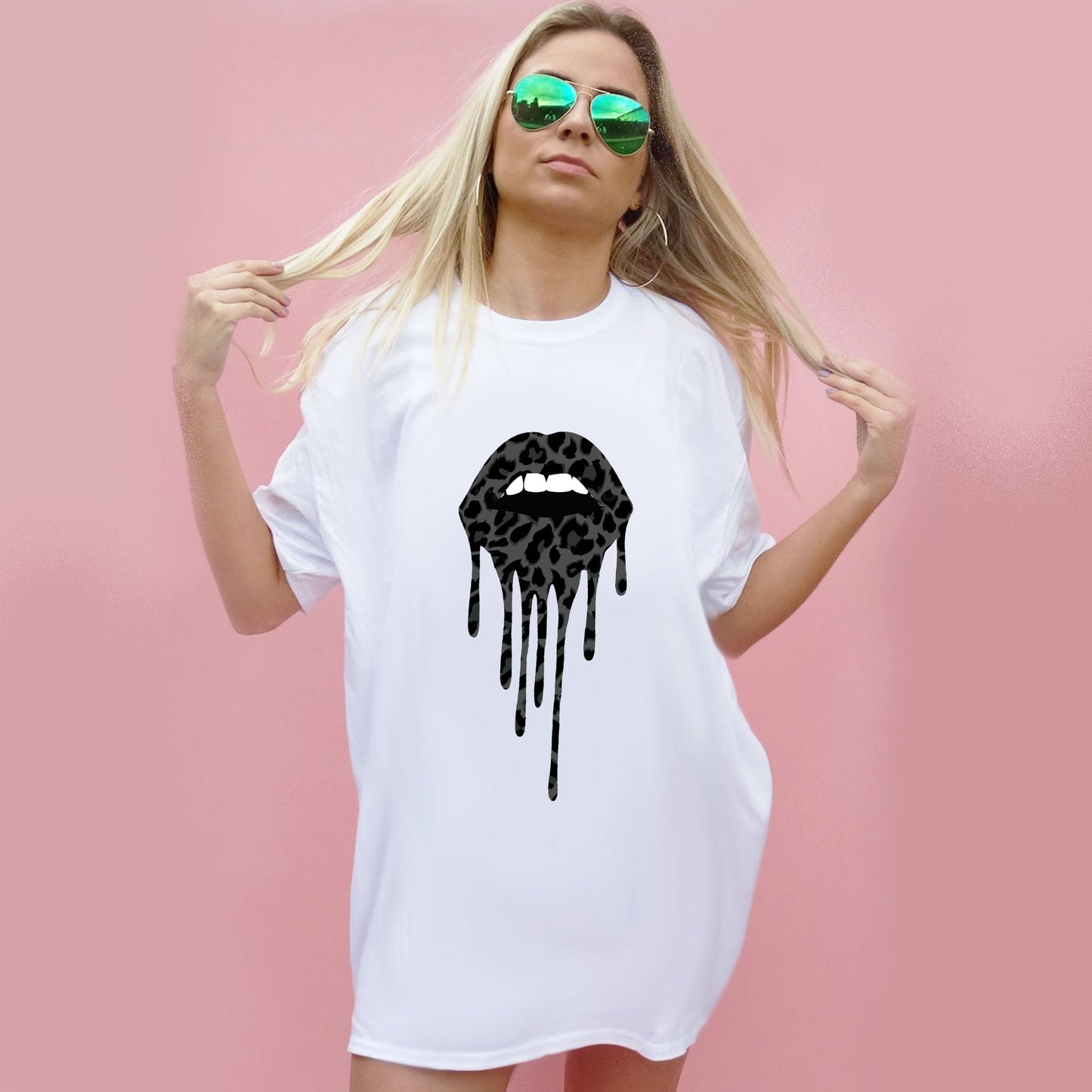 Black Leopard Drip Oversize Tshirt Dress In White