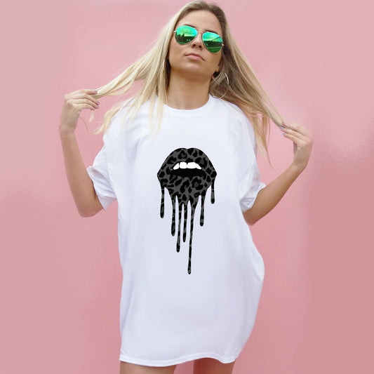 Black Leopard Drip Oversize Tshirt Dress In White