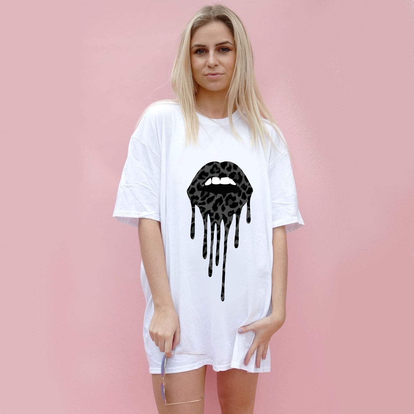 Black Leopard Drip Oversize Tshirt Dress In White