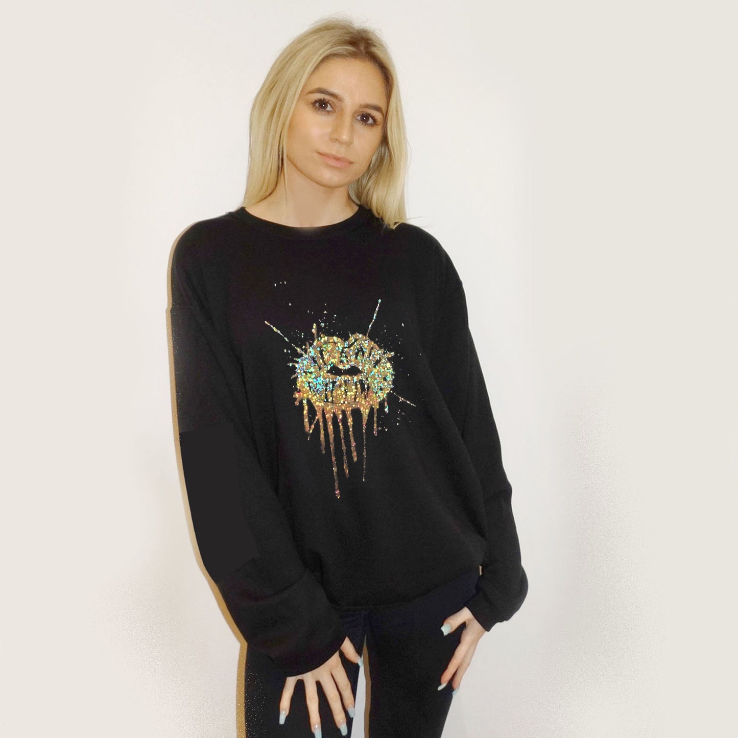 Gold Drip Splat Lip Print Jumper In Black