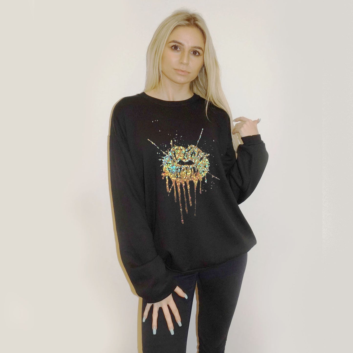 Gold Drip Splat Lip Print Jumper In Black