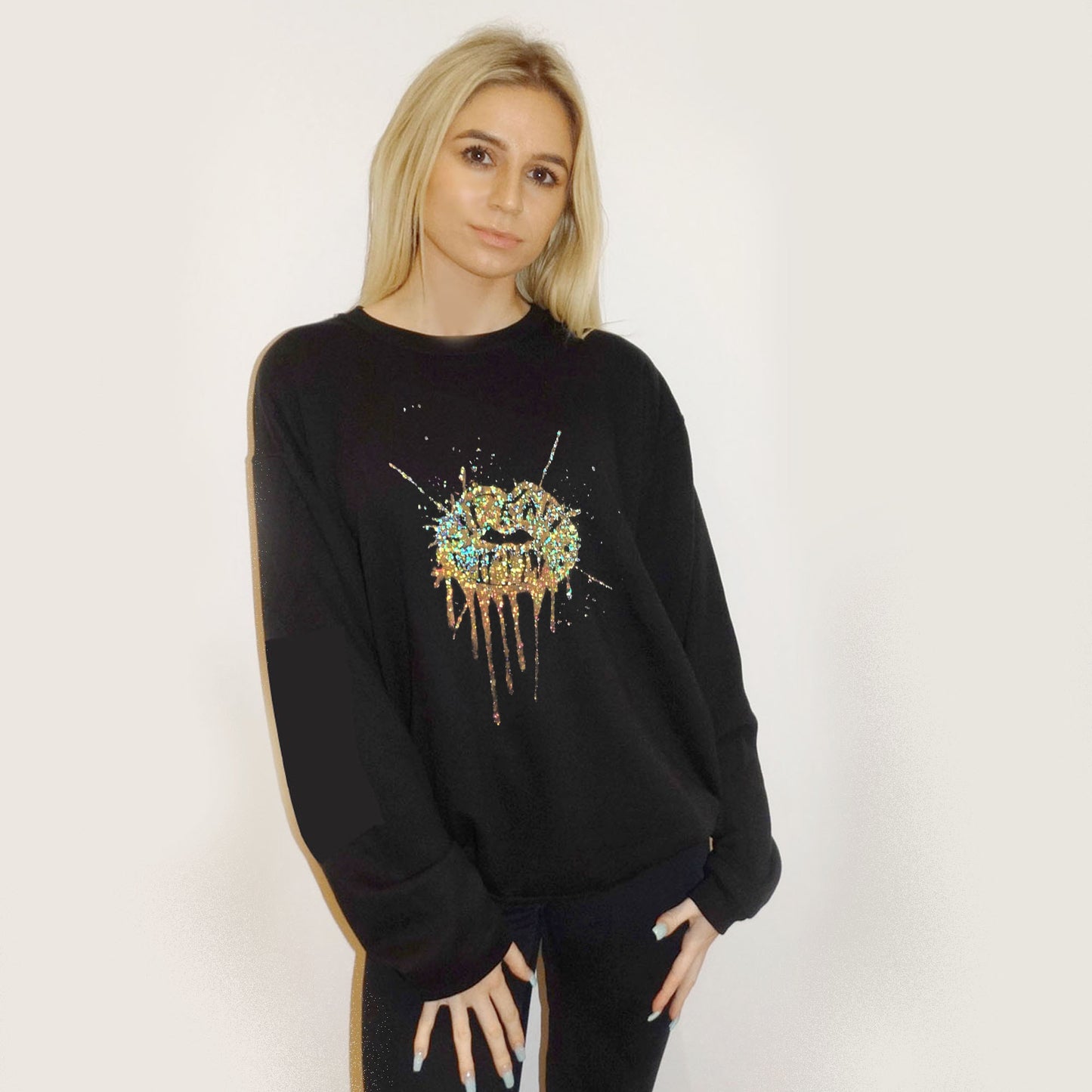 Gold Drip Splat Lip Print Jumper In Black