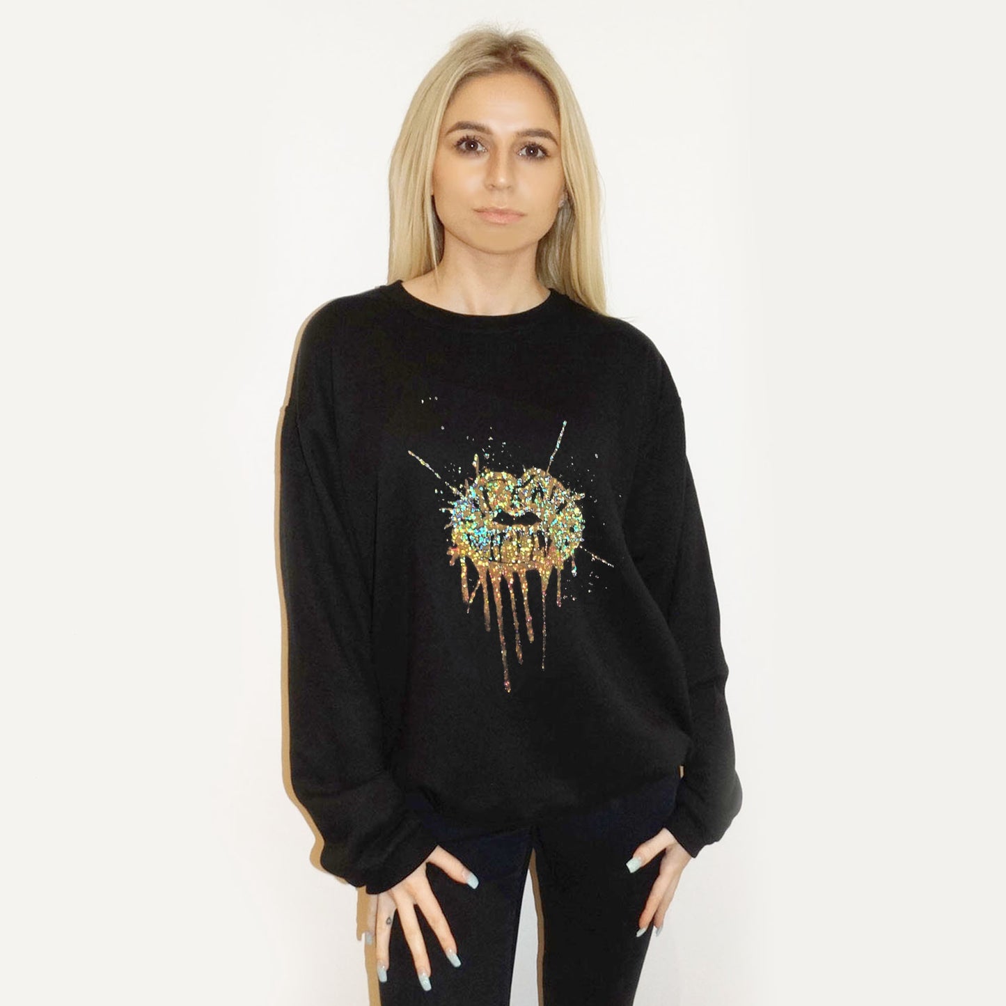 Gold Drip Splat Lip Print Jumper In Black