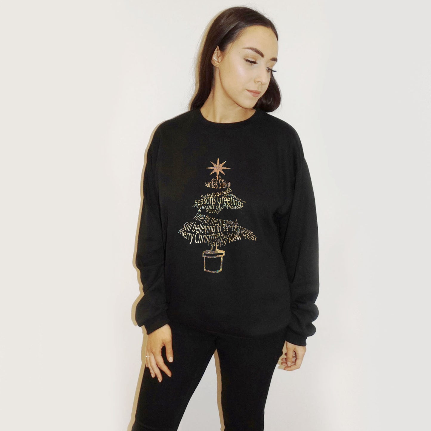 Glitter Christmas Tree Print Jumper In Black