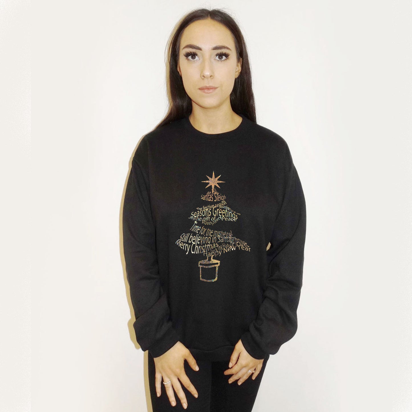 Glitter Christmas Tree Print Jumper In Black