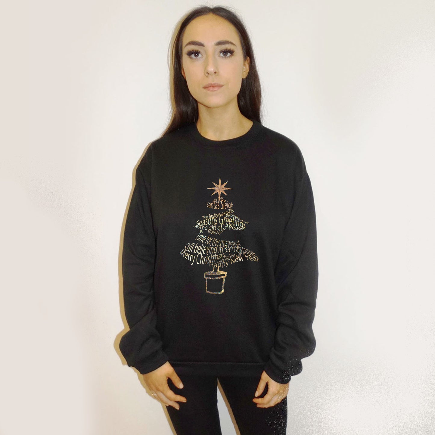 Glitter Christmas Tree Print Jumper In Black