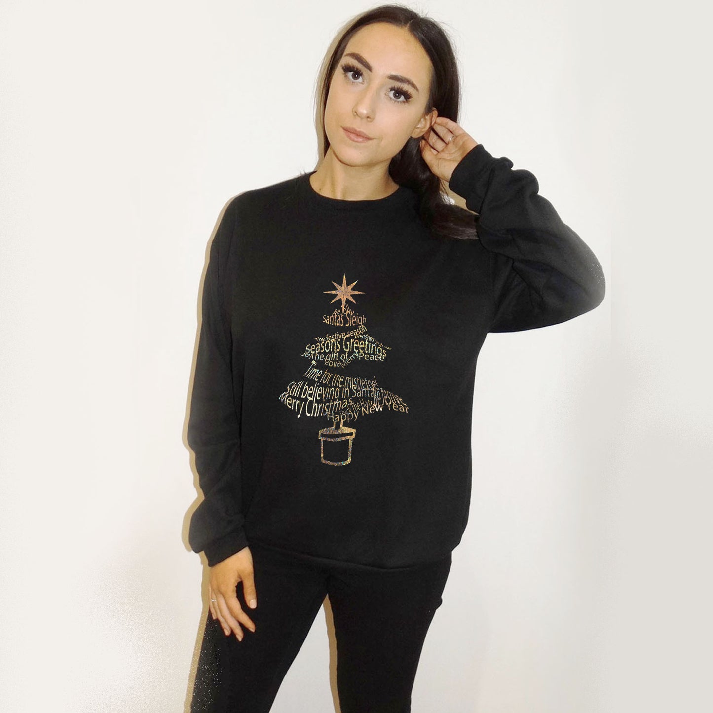 Glitter Christmas Tree Print Jumper In Black