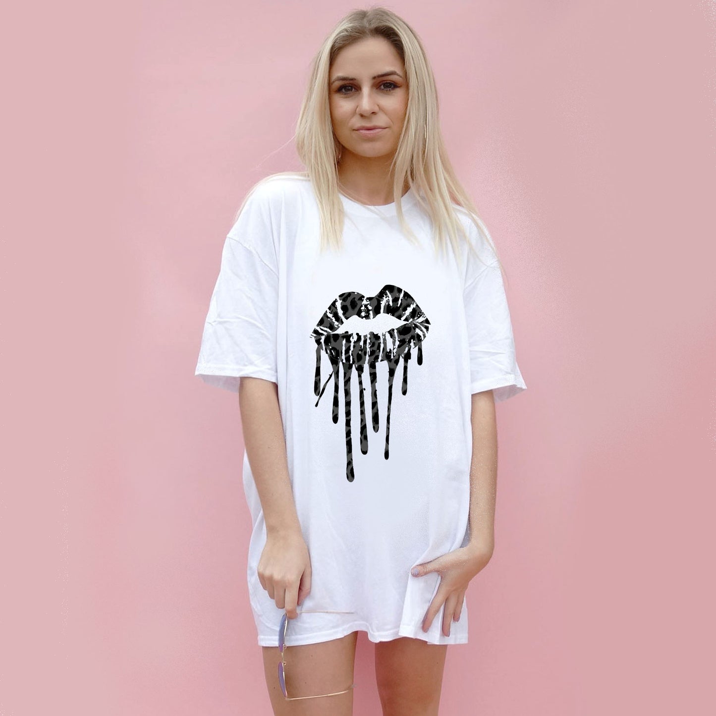 Black Leopard Drip Kiss Oversize Tshirt In White