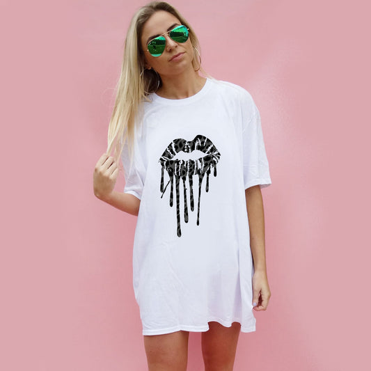 Black Leopard Drip Kiss Oversize Tshirt In White