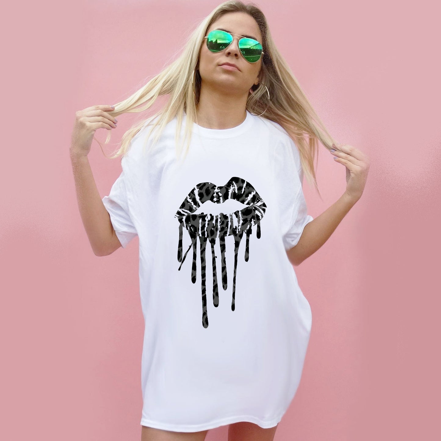 Black Leopard Drip Kiss Oversize Tshirt In White