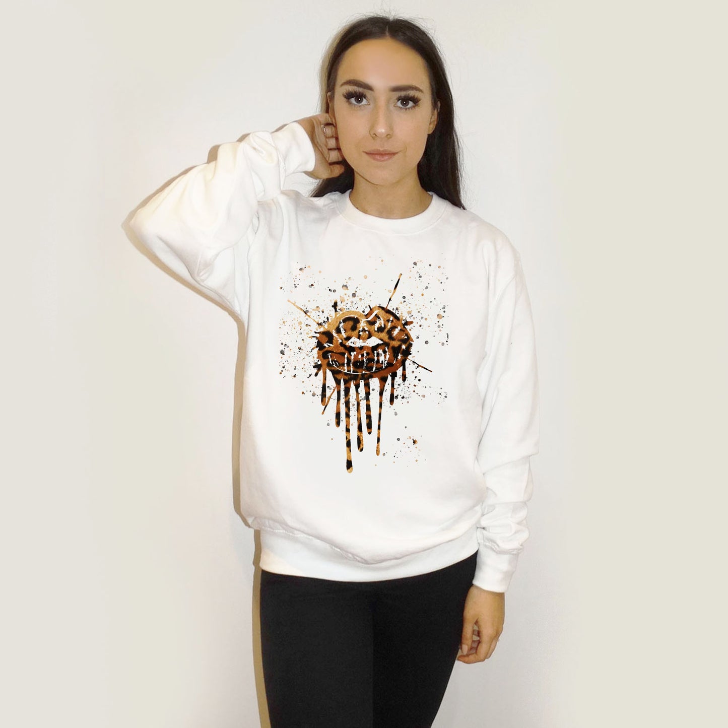 Leopard Drip Splat Lip Print Jumper In White