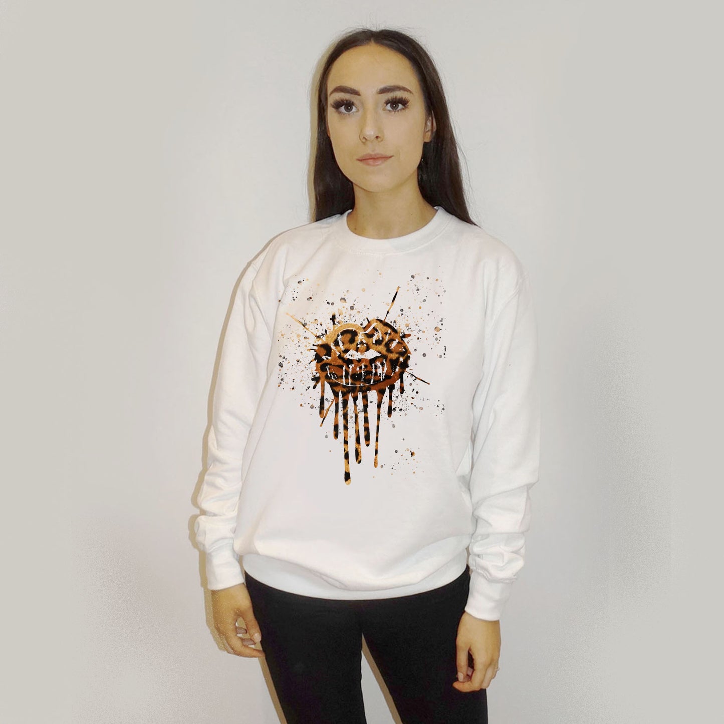 Leopard Drip Splat Lip Print Jumper In White