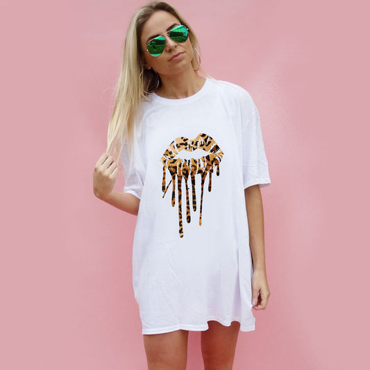 Leopard Drip Kiss Oversize Tshirt In White