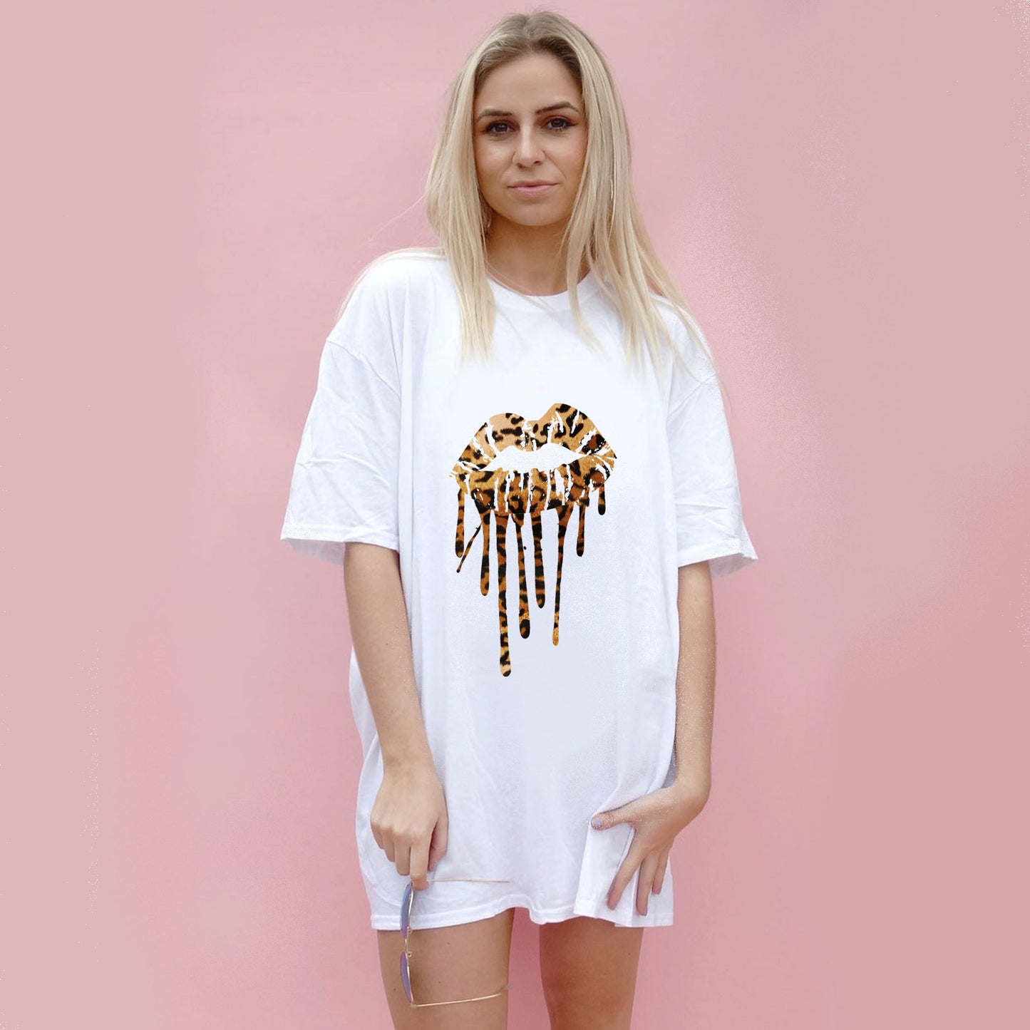 Leopard Drip Kiss Oversize Tshirt In White