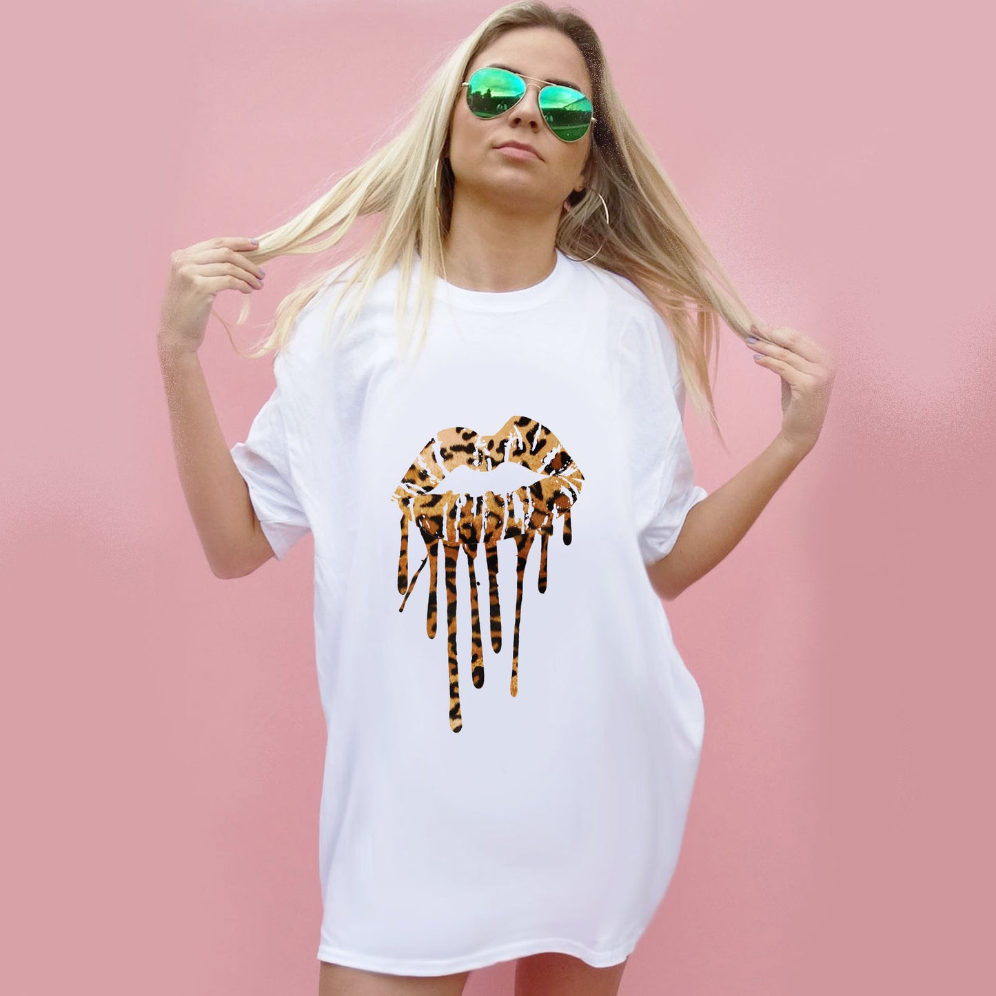 Leopard Drip Kiss Oversize Tshirt In White