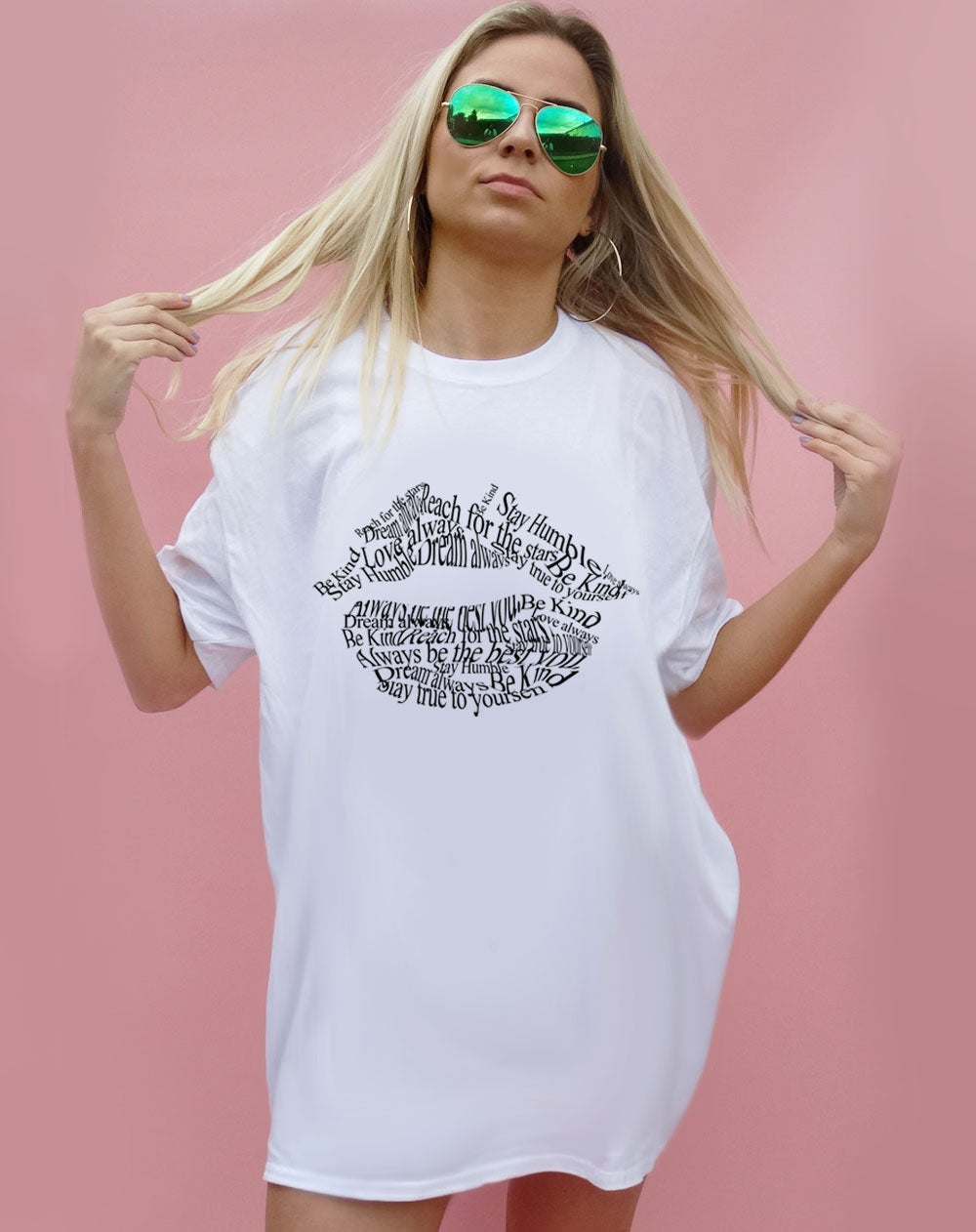 White Tshirt Dress with Positive Slogan Lip Print